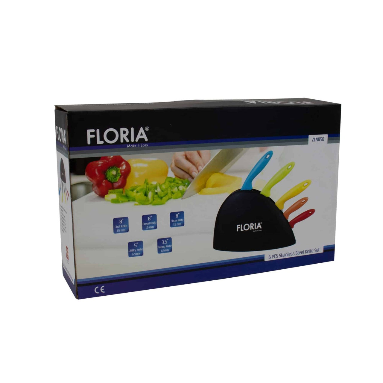 Set 6 cutite de bucatarie cu suport, lame inox, manere colorate