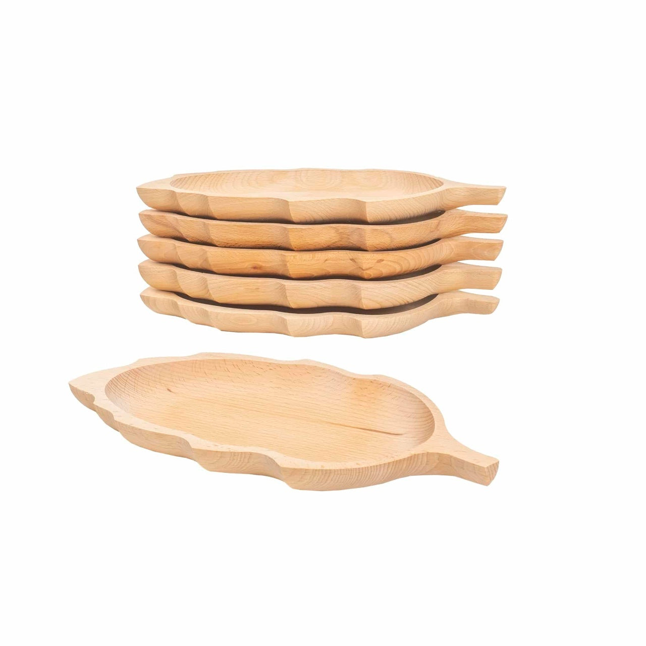 Set 6 farfurii din lemn fag, forma frunza, 34x18 cm pentru servire