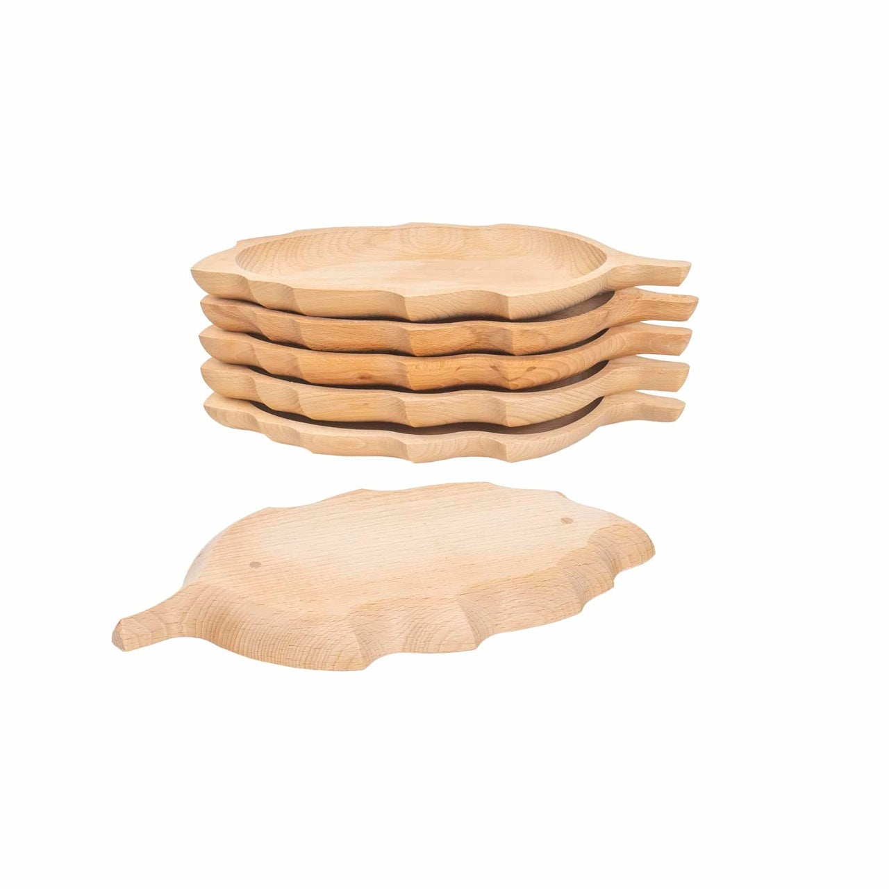 Set 6 farfurii din lemn fag, forma frunza, 34x18 cm pentru servire