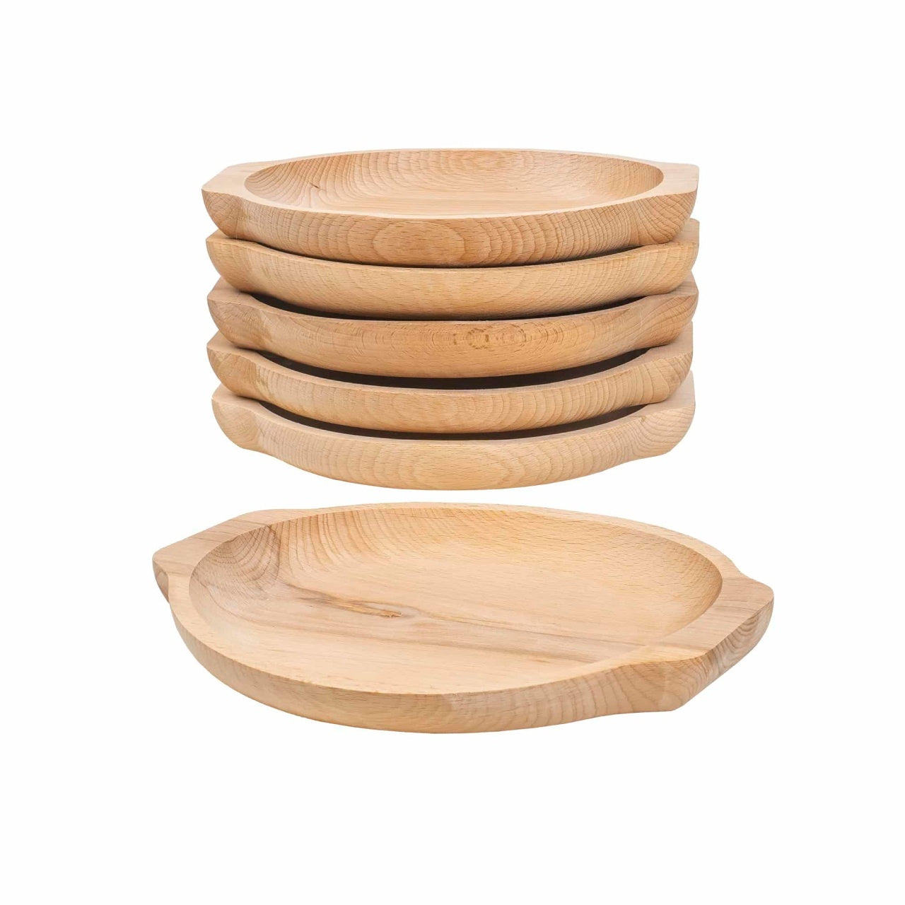 Set 6 farfurii din lemn fag, rotunde, 24x22 cm, design frunza