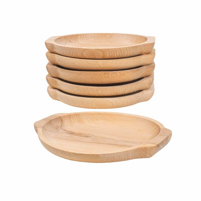 Set 6 farfurii din lemn fag, rotunde, 24x22 cm, design frunza