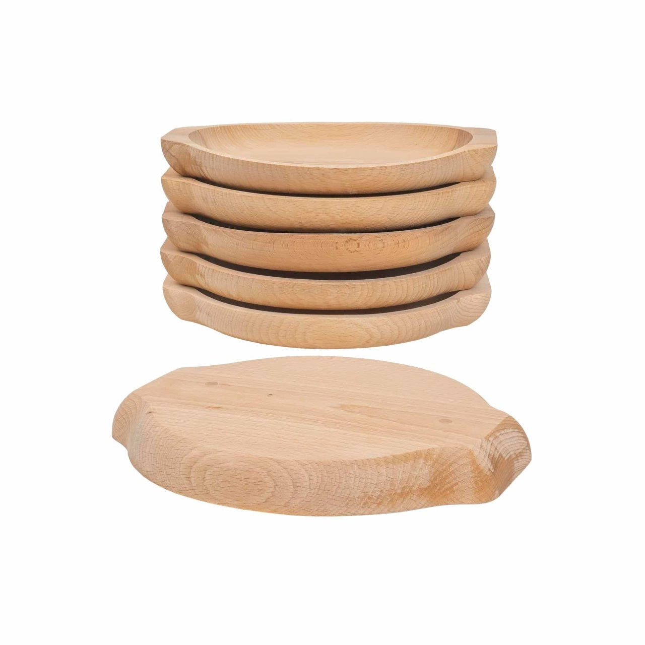 Set 6 farfurii din lemn fag, rotunde, 24x22 cm, design frunza