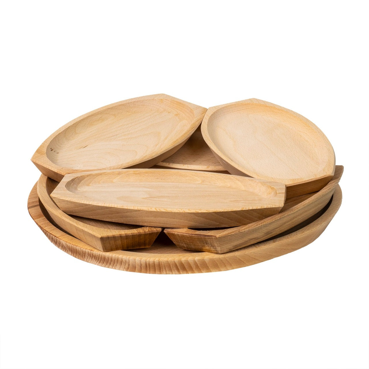 Set 6 farfurii din lemn si platou rotund pentru servit, diametru 32 cm