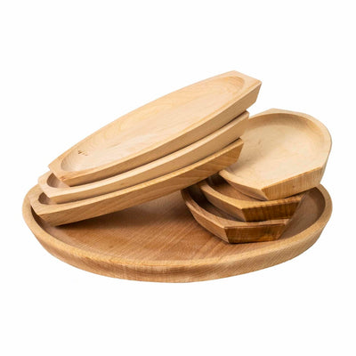 Set 6 farfurii din lemn si platou rotund pentru servit, diametru 32 cm