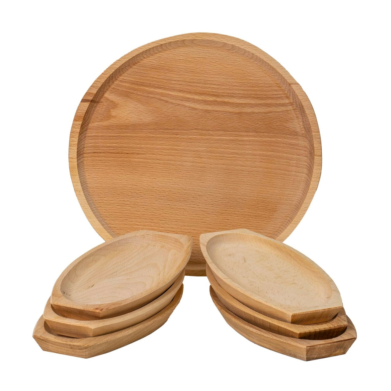 Set 6 farfurii din lemn si platou rotund pentru servit, diametru 32 cm