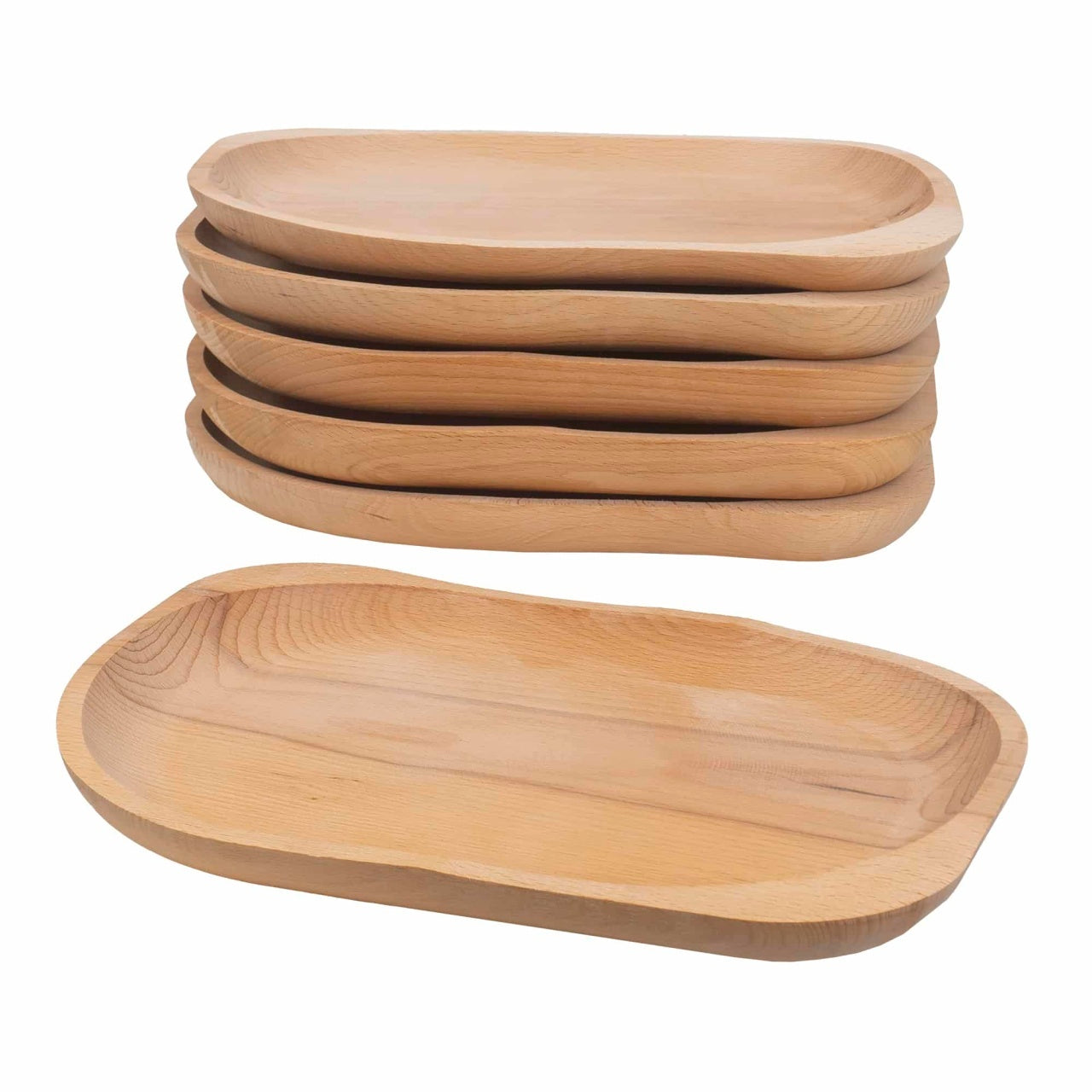 Set 6 farfurii ovale mari din lemn de fag, 30x24 cm
