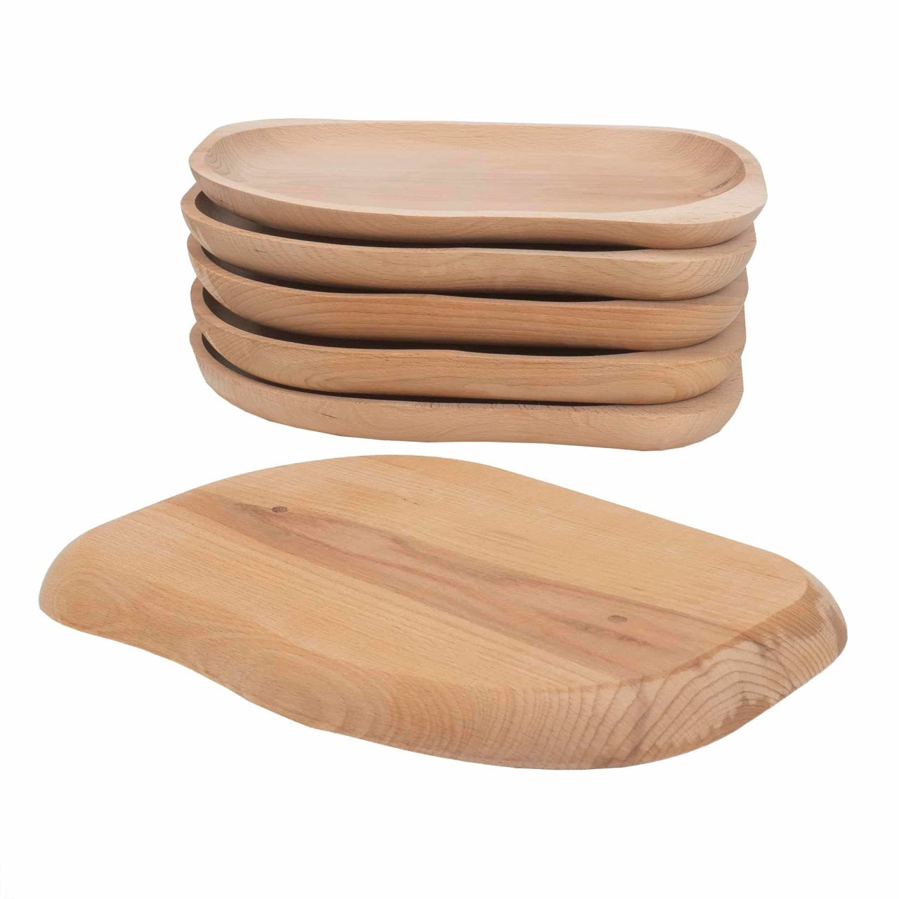 Set 6 farfurii ovale mari din lemn de fag, 30x24 cm