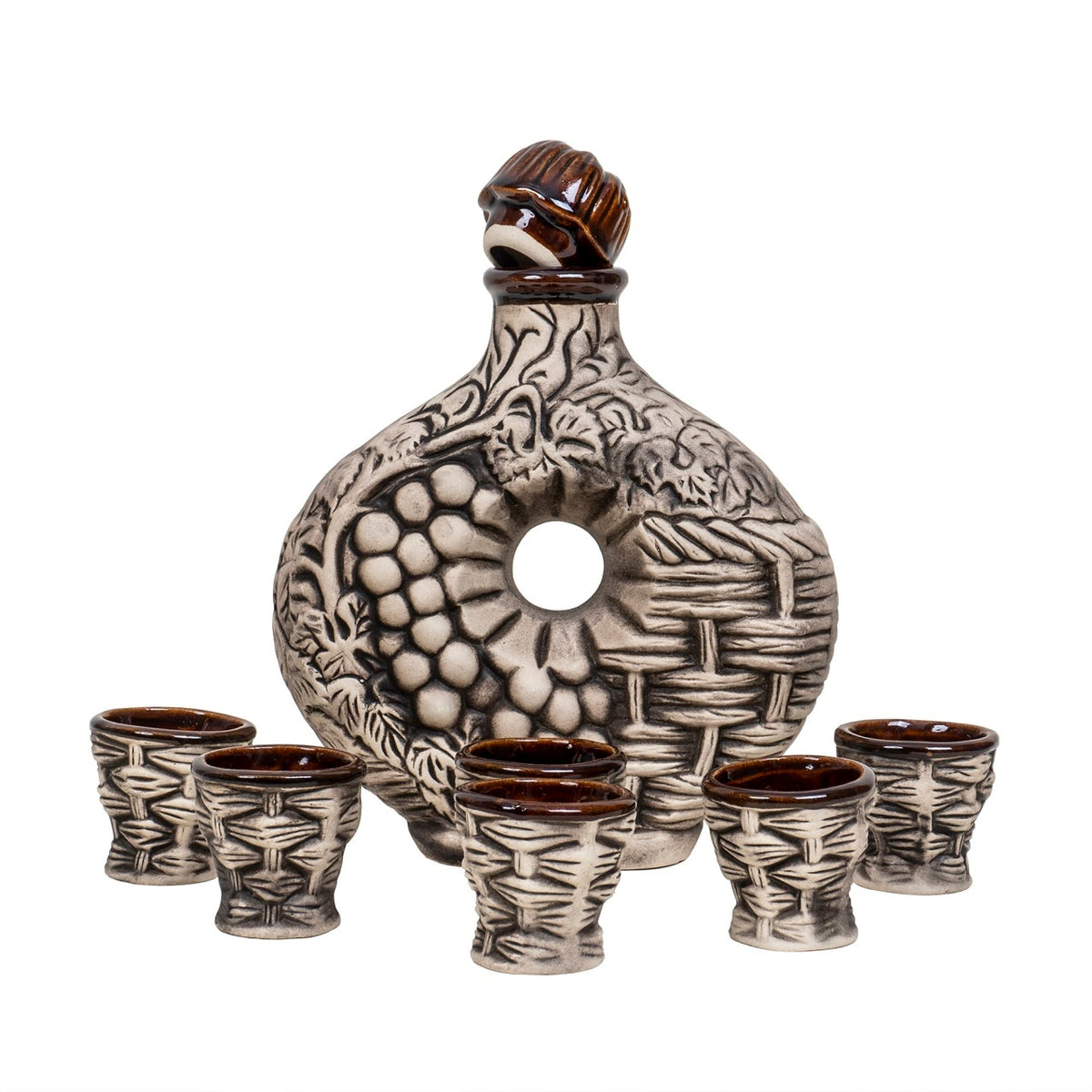 Set 6 pahare cu butelca model strugure din ceramica, capacitate 800ml sticla, 100ml pahar