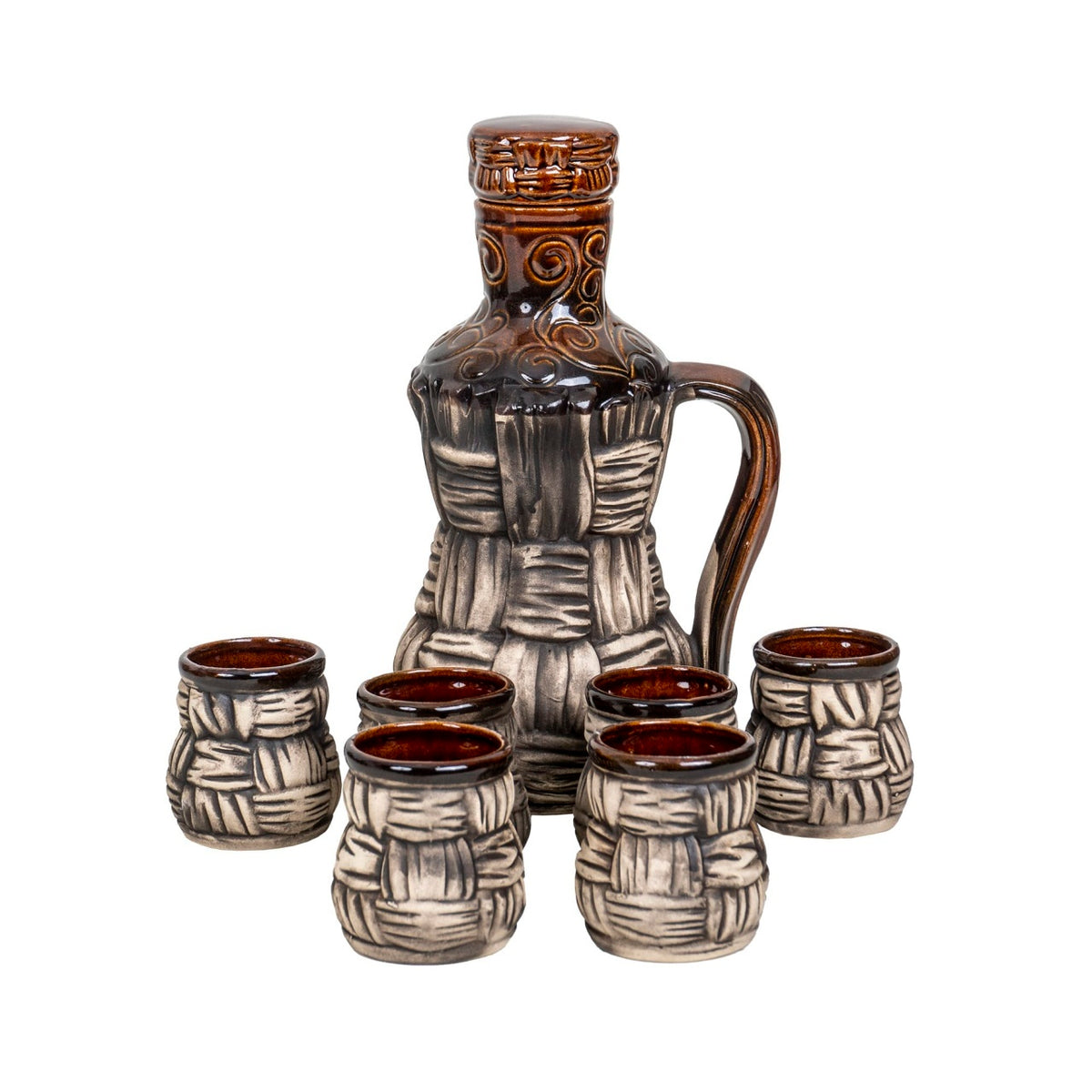 Set 6 pahare cu sticla in forma de ulcior din ceramica, capacitate 1L si 200ml