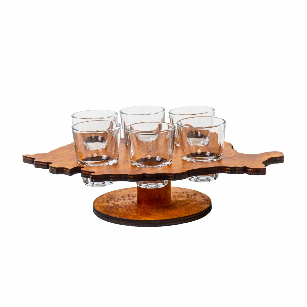Set 6 pahare shot 30ml cu suport lemn forma harta cu picior