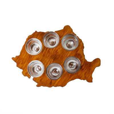 Set 6 pahare shot 30ml cu suport lemn forma harta cu picior