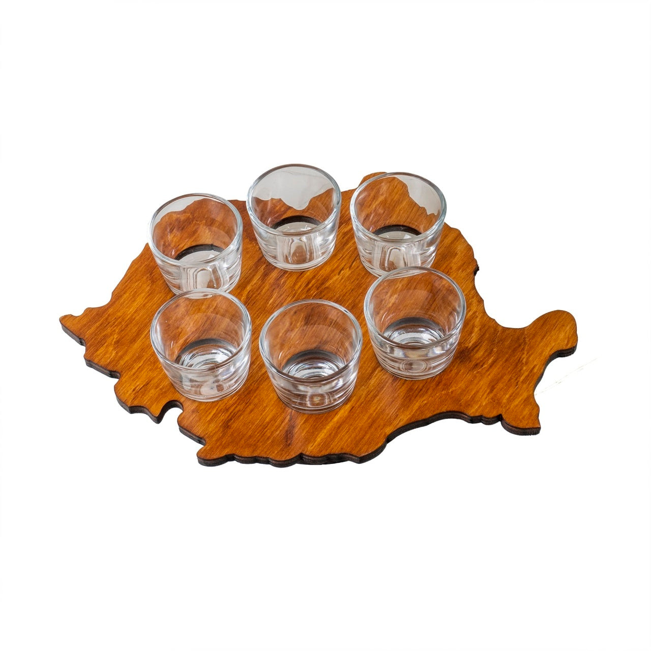 Set 6 pahare shot 30ml cu suport lemn forma harta cu picior