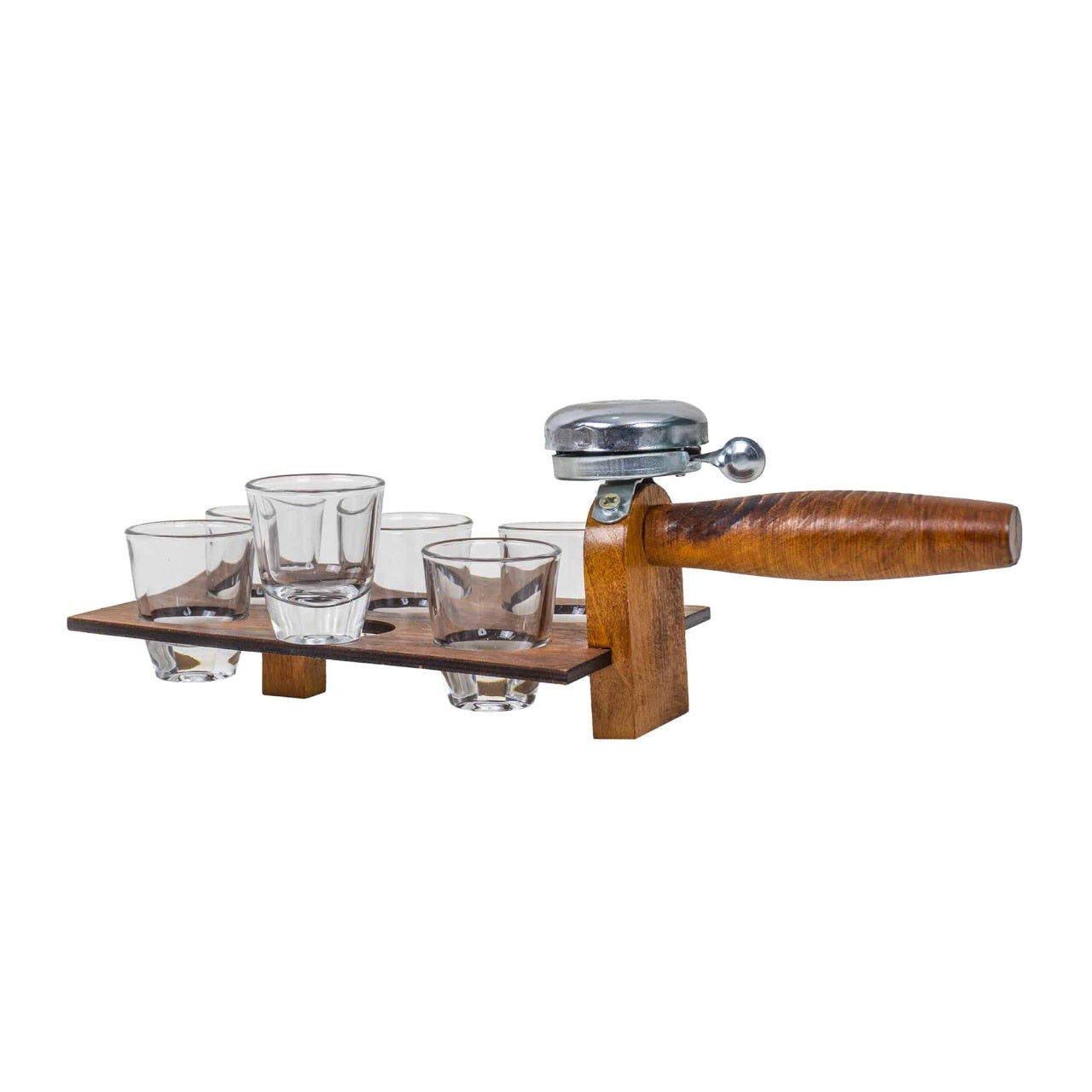 Set 6 pahare shot 30ml cu suport si clopotel, sticla transparenta