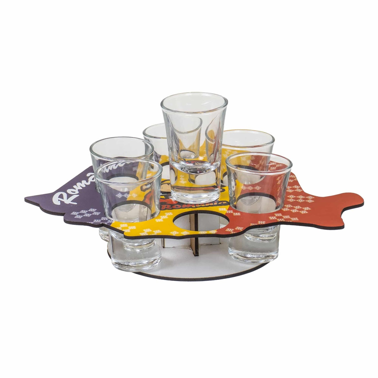 Set 6 pahare shot 50ml cu suport din lemn in forma de harta