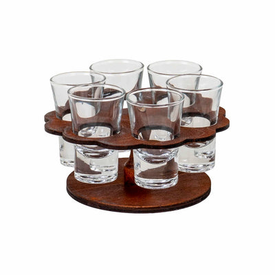 Set 6 pahare shot 50ml cu suport lemn in forma de floare