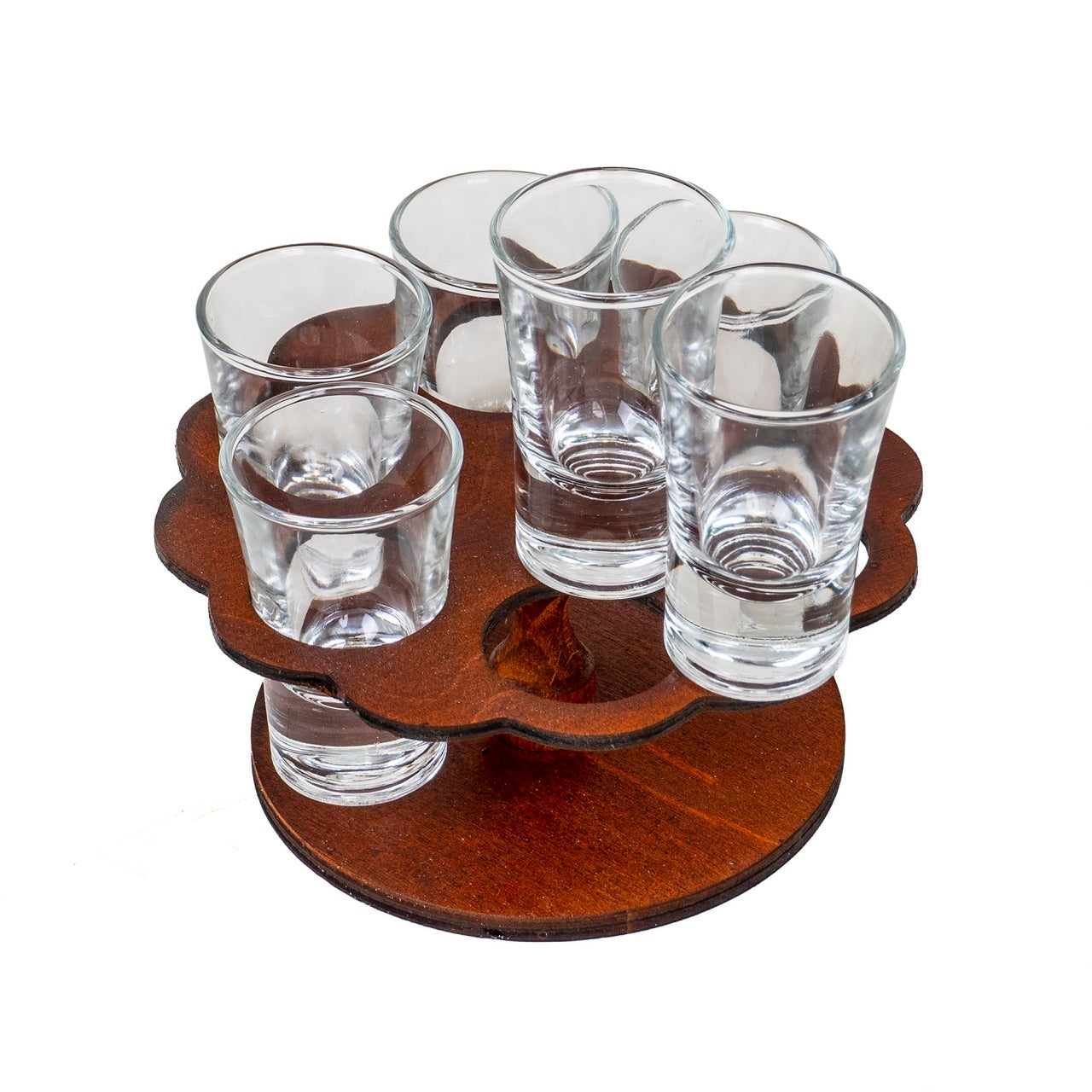 Set 6 pahare shot 50ml cu suport lemn in forma de floare