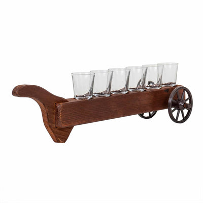 Set 6 pahare shot 50ml cu suport lemn pe roti, transparent-maro