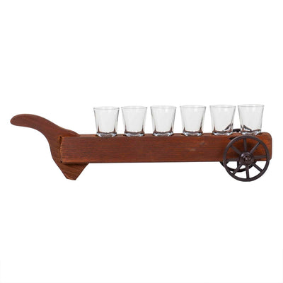 Set 6 pahare shot 50ml cu suport lemn pe roti, transparent-maro