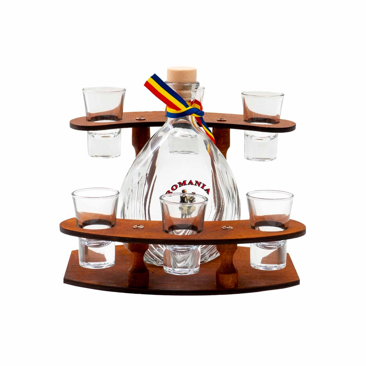 Set 6 pahare shot cu butelca si suport din lemn, capacitate 0.02L, 18 cm inaltime