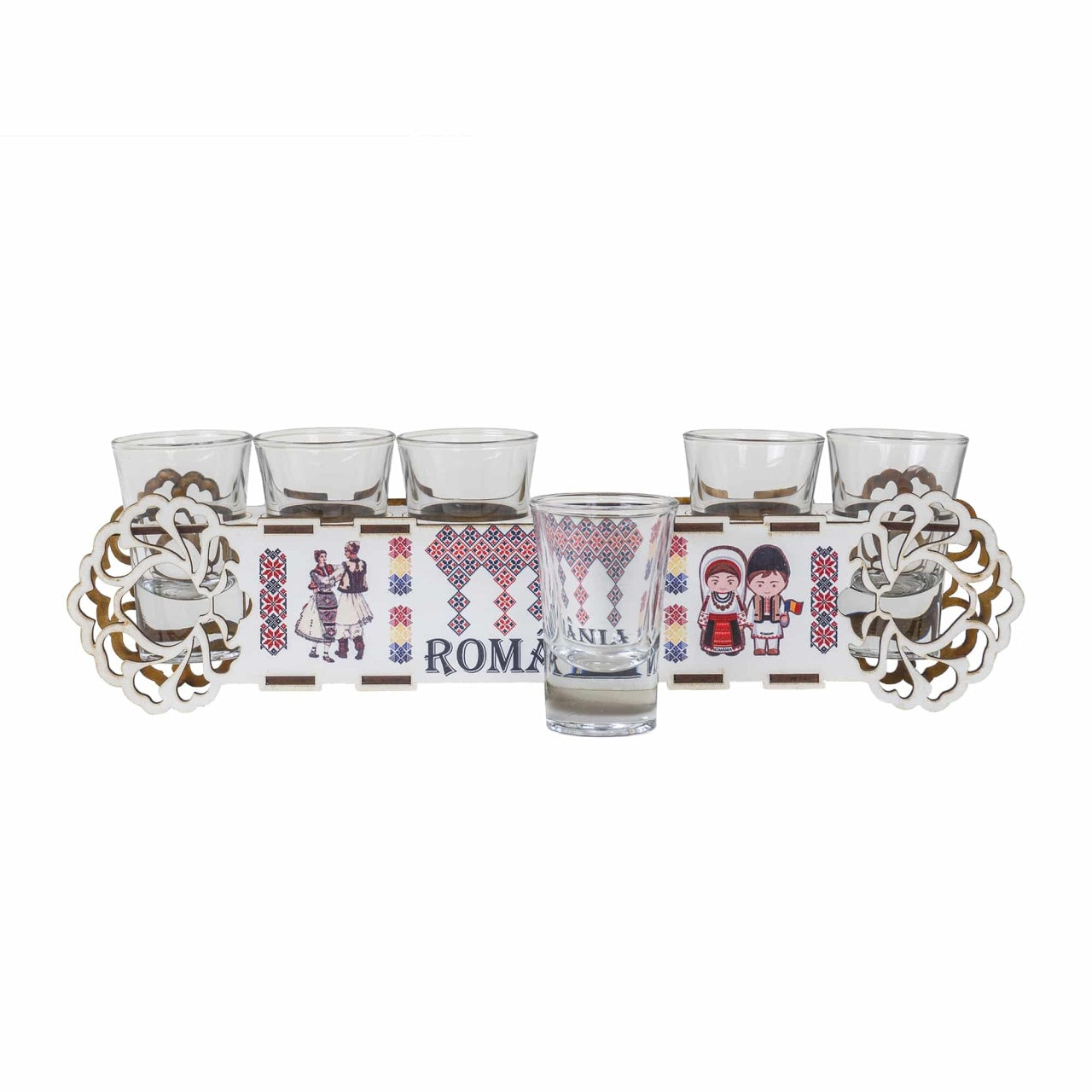 Set 6 pahare shot din sticla cu suport din lemn, capacitate 50 ml