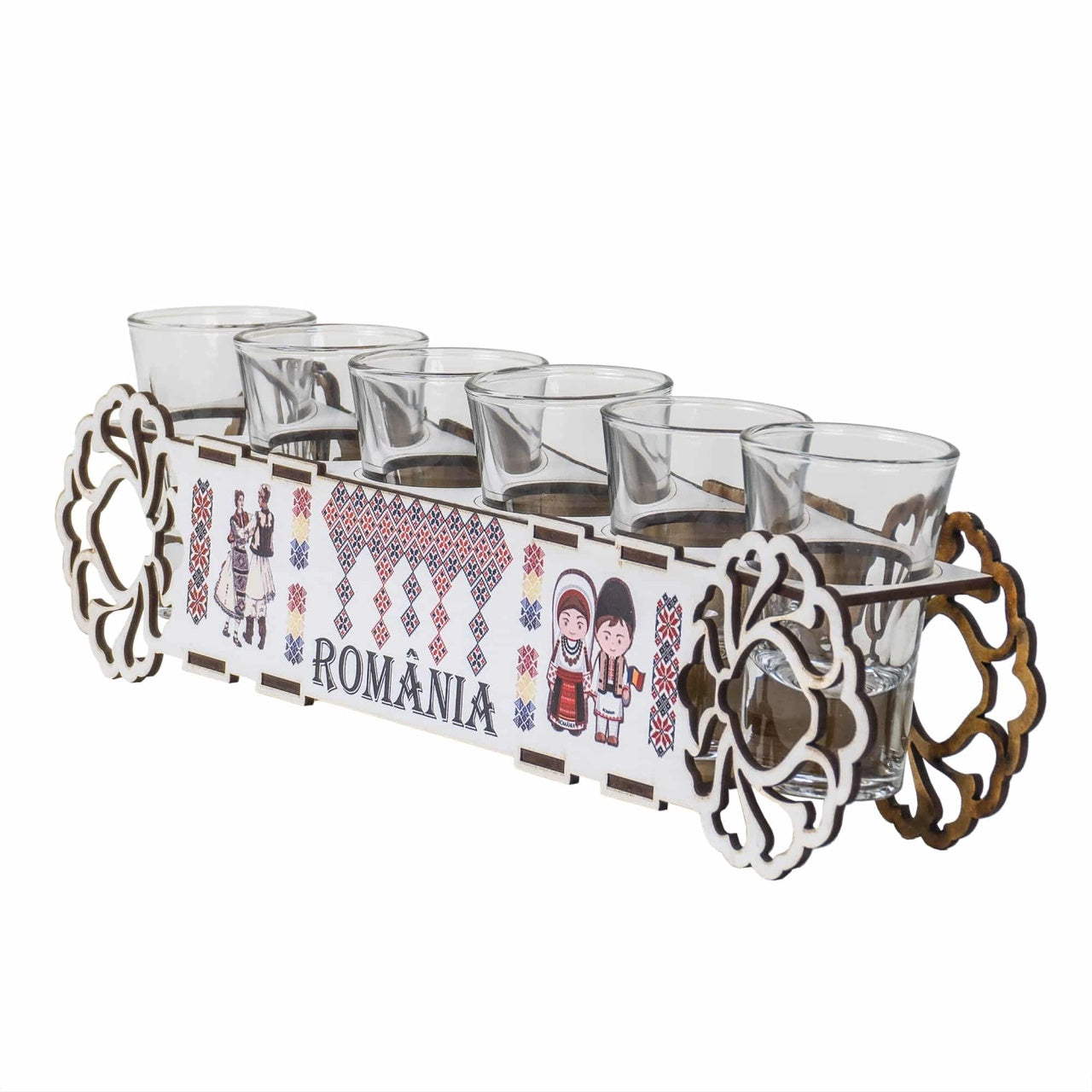 Set 6 pahare shot din sticla cu suport din lemn, capacitate 50 ml