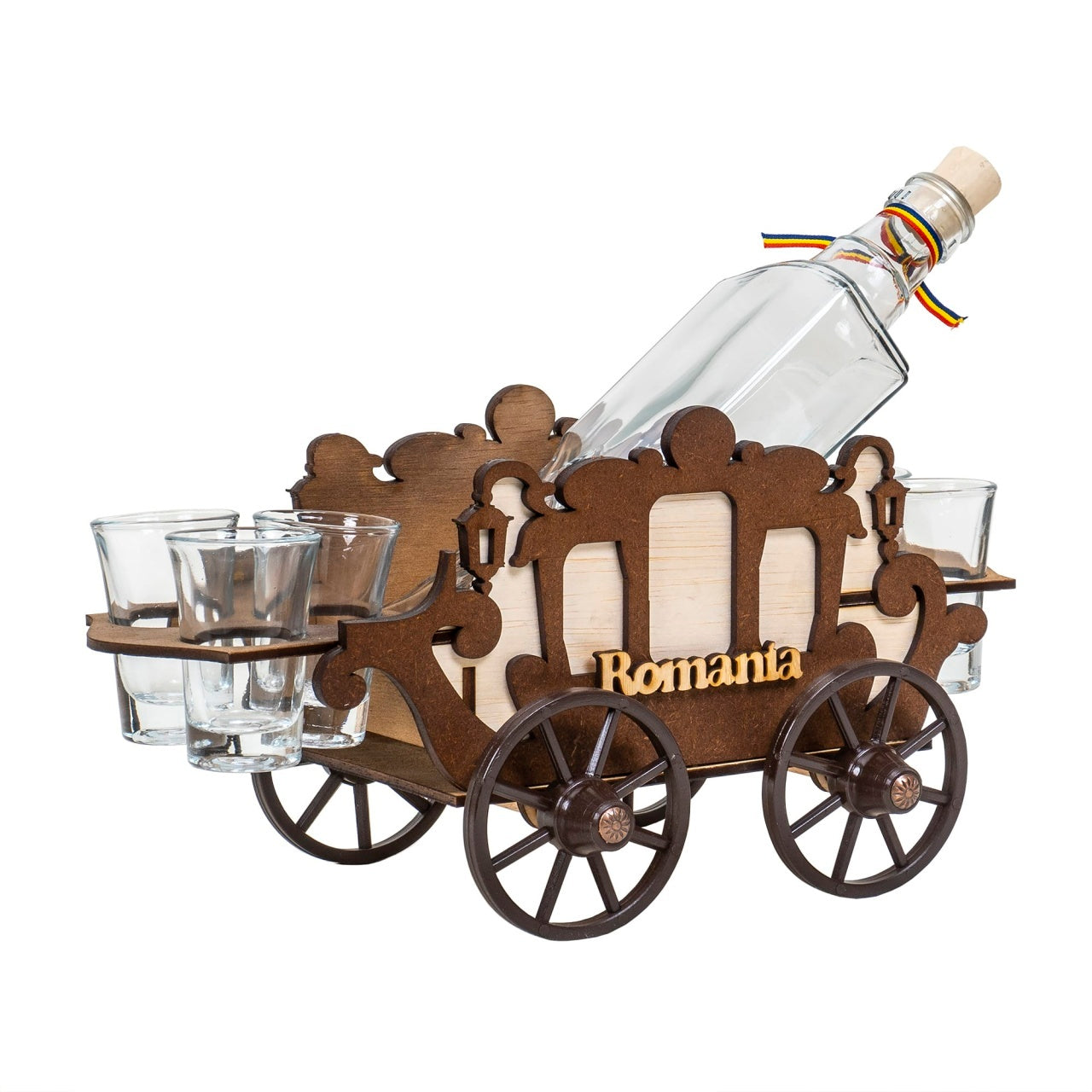 Set 6 pahare shot din sticla pe suport, model caruta, 400ml