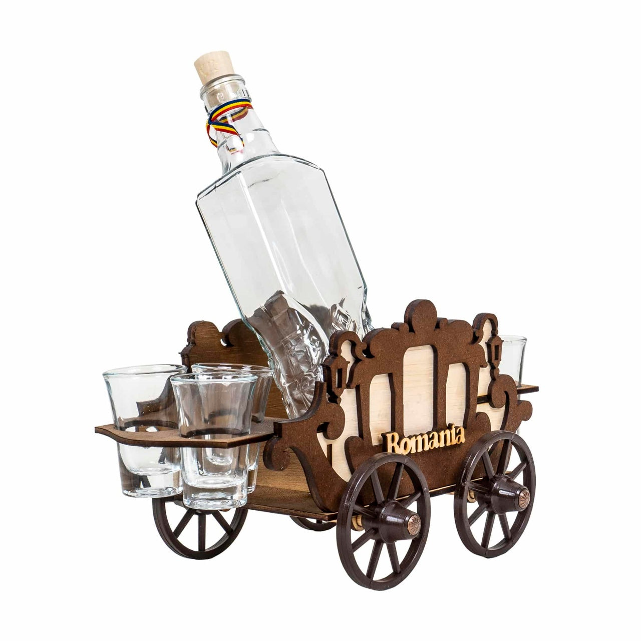 Set 6 pahare shot din sticla pe suport, model caruta, 400ml