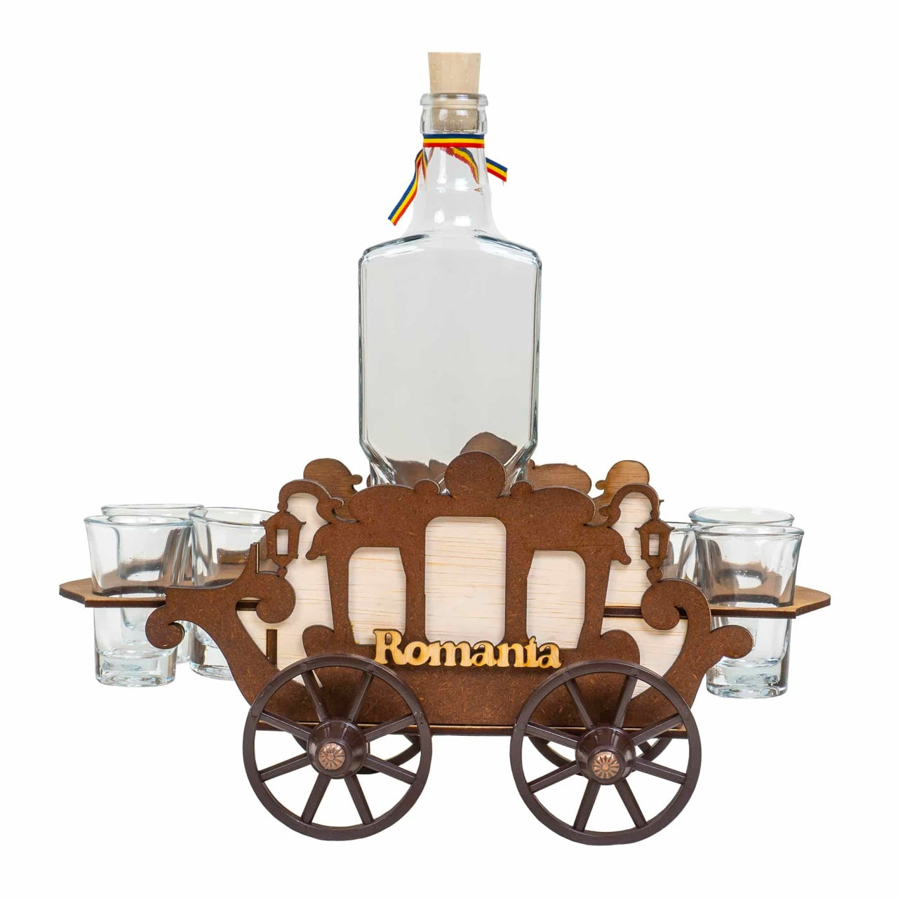 Set 6 pahare shot din sticla pe suport, model caruta, 400ml