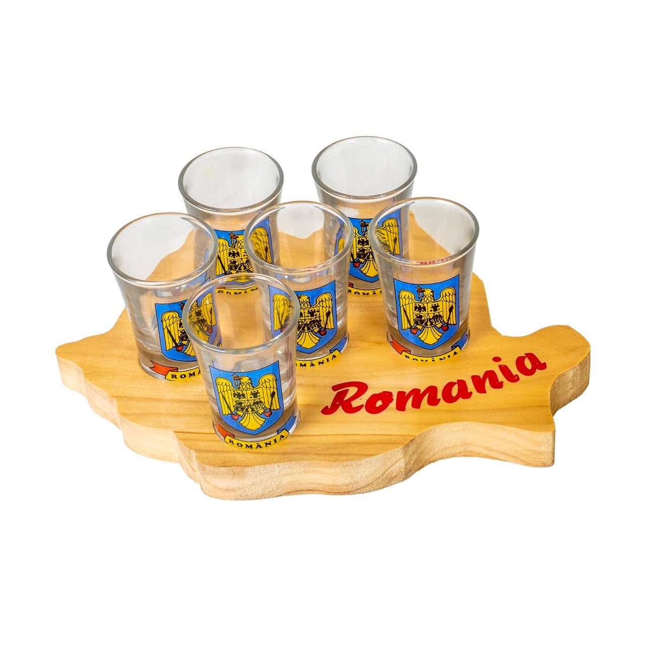 Set 6 pahare sticla 50ml cu suport lemn in forma hartii Romaniei
