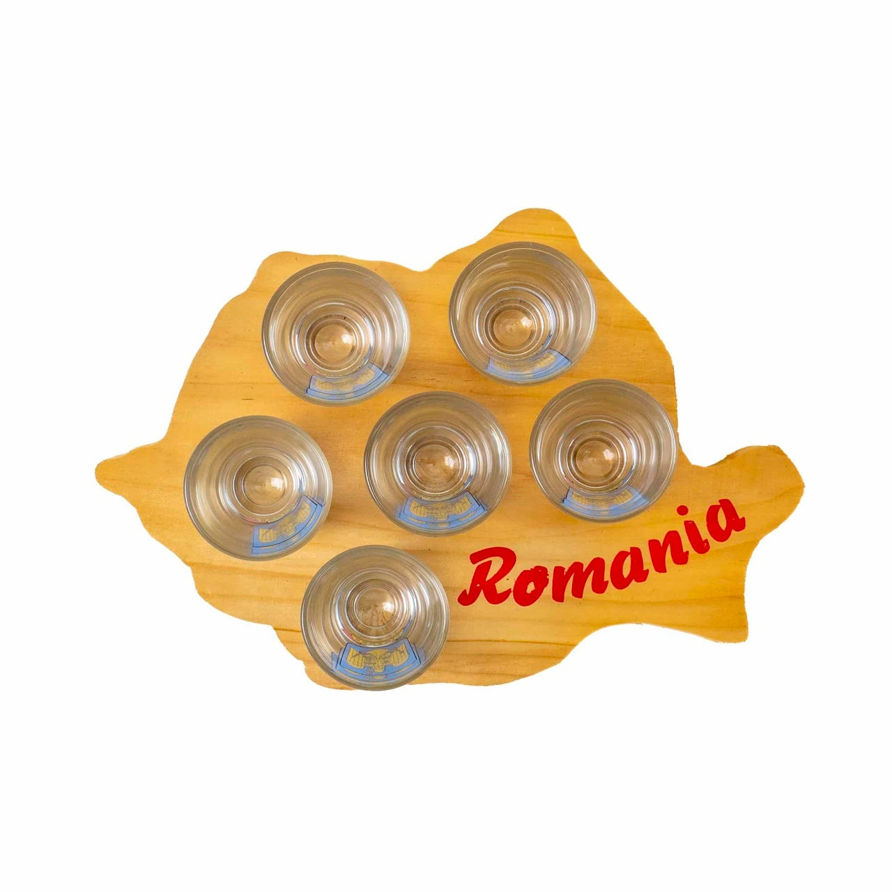 Set 6 pahare sticla 50ml cu suport lemn in forma hartii Romaniei