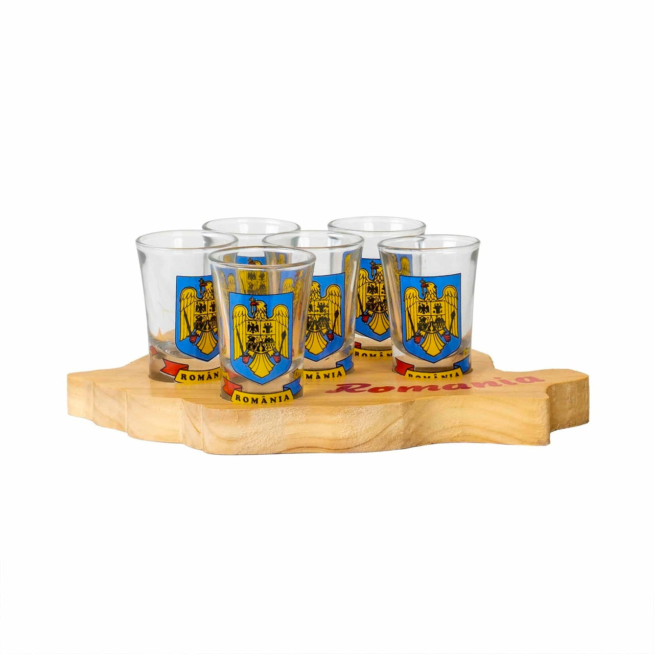 Set 6 pahare sticla 50ml cu suport lemn in forma hartii Romaniei