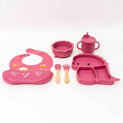 Set 6 piese hranire bebelus din silicon, model dinozaur, mov