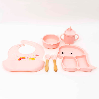 Set 6 piese hranire bebelus silicon, model dinozaur, roz, farfurie ventuza si canita antrenament