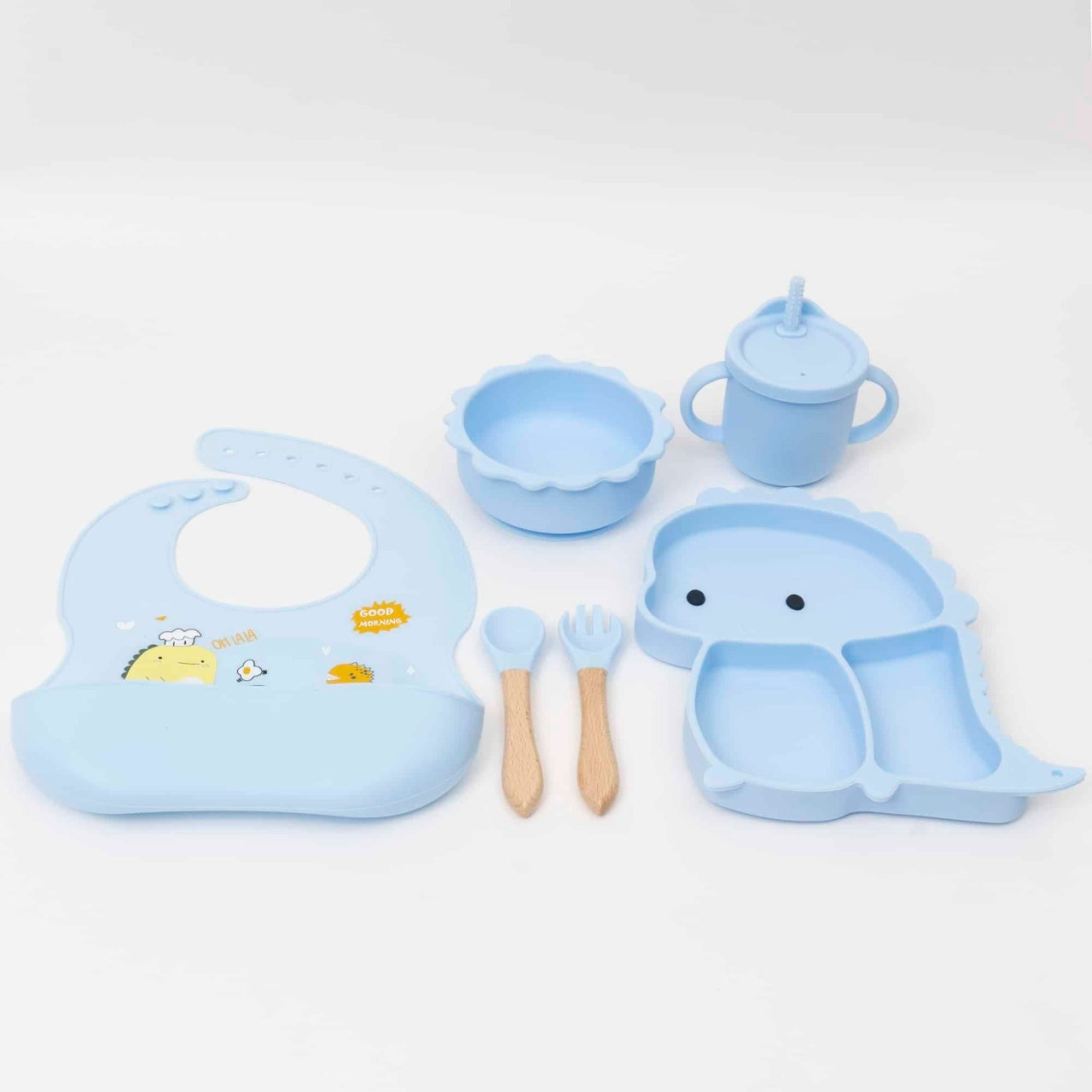 Set 6 piese pentru hranire bebelus, din silicon, model dinozaur, bleu Z-TOOLS / ZTS 9097