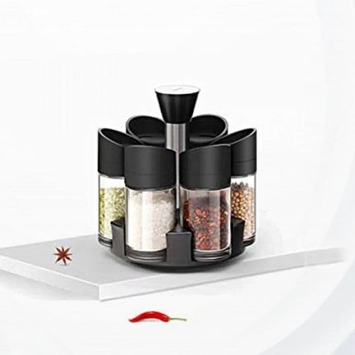 Set 6 recipiente pentru condimente, cu suport rotativ, din ABS, dimensiuni 18x16x12cm, alb/negru