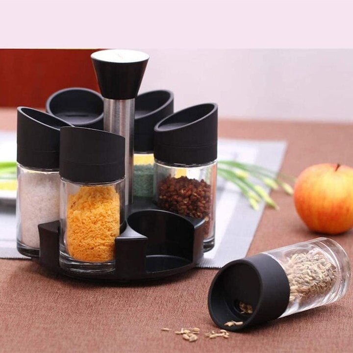 Set 6 recipiente pentru condimente, cu suport rotativ, din ABS, dimensiuni 18x16x12cm, alb/negru
