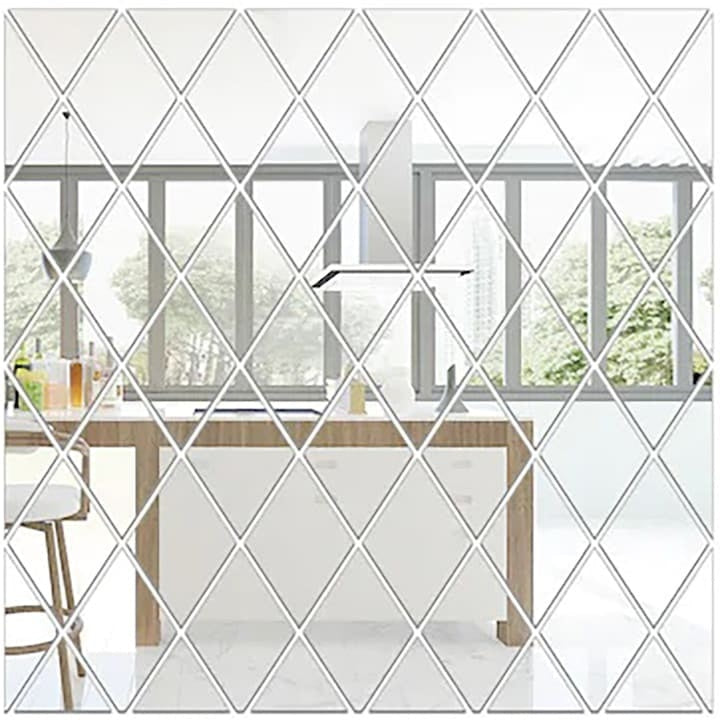 Set 64 oglinzi acrilice autoadezive, din PVC, pentru decorarea peretilor, montaj usor pe diverse suprafete, 3D, reutilizabil, argintiu