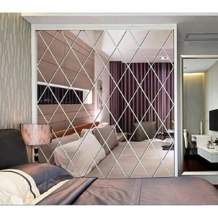 Set 64 oglinzi acrilice autoadezive, din PVC, pentru decorarea peretilor, montaj usor pe diverse suprafete, 3D, reutilizabil, argintiu