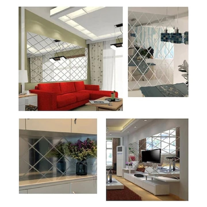 Set 64 oglinzi acrilice autoadezive, din PVC, pentru decorarea peretilor, montaj usor pe diverse suprafete, 3D, reutilizabil, argintiu