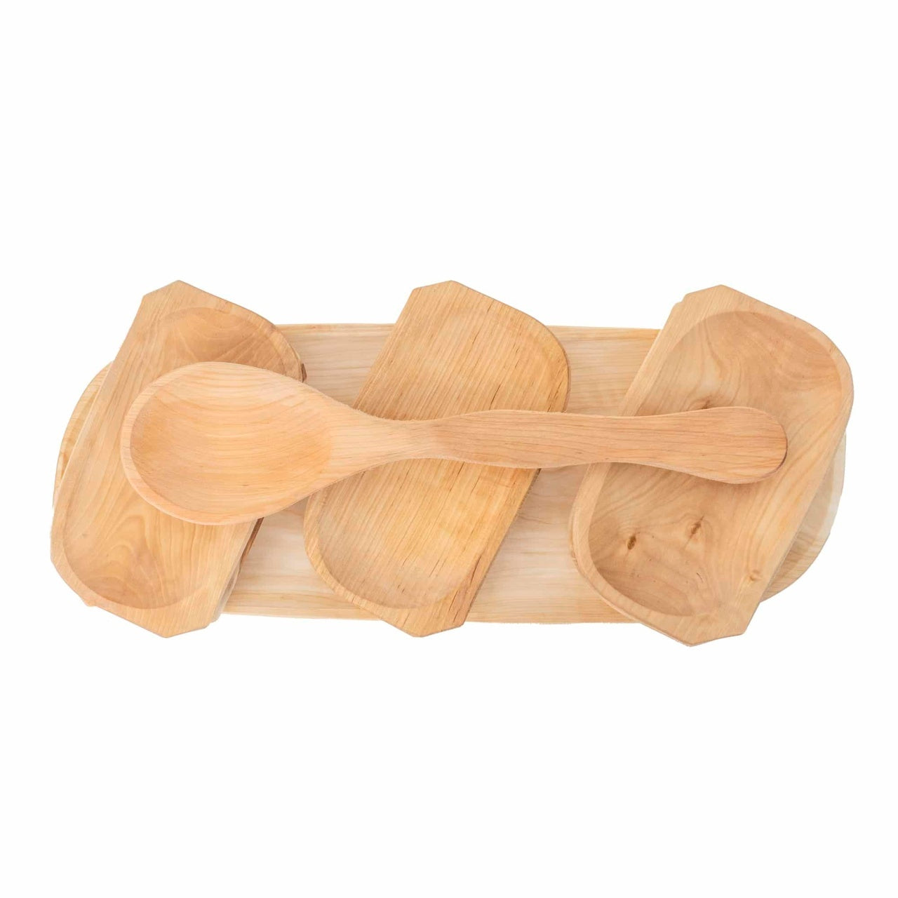 Set 7 platouri din lemn pentru servire, 60x23x2.5 cm, plus lingura lata