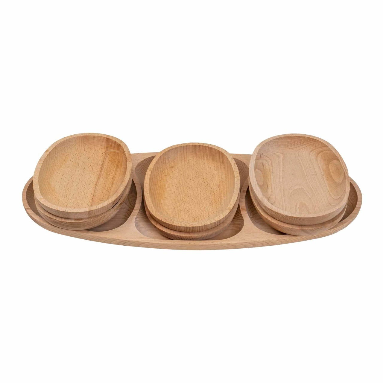 Set 7 platouri ovale din lemn de fag, compartimentate, 60x28x2.5cm