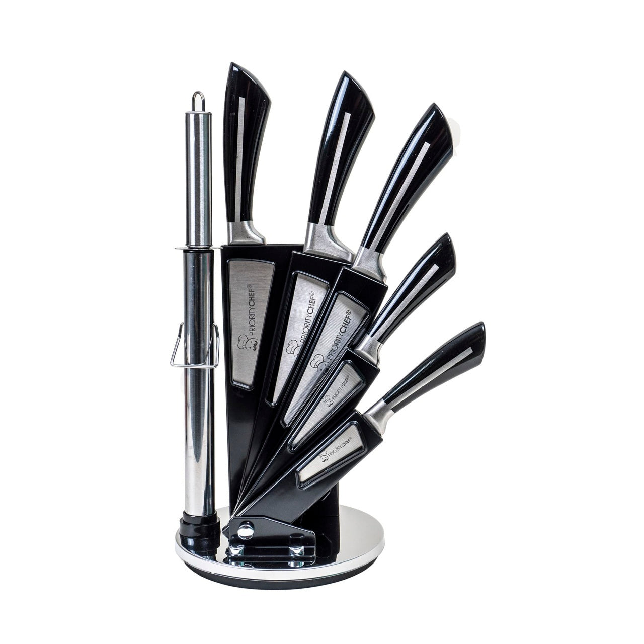 Set 8 cutite inox cu suport, lama lunga, maner negru