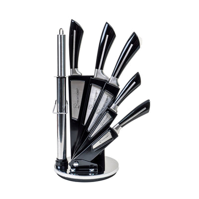 Set 8 cutite inox cu suport, lama lunga, maner negru