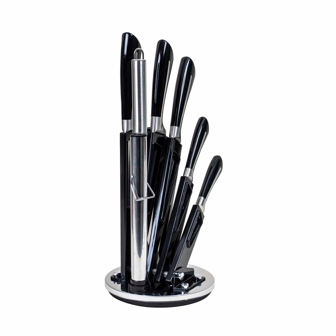 Set 8 cutite inox cu suport, lama lunga, maner negru