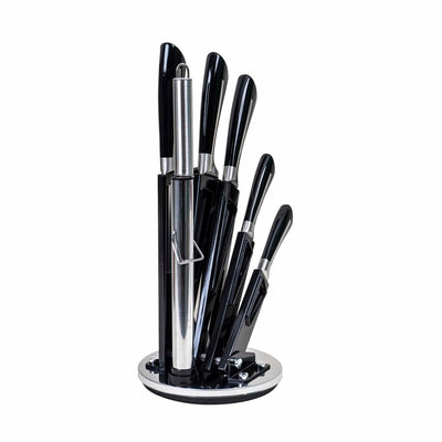 Set 8 cutite inox cu suport, lama lunga, maner negru
