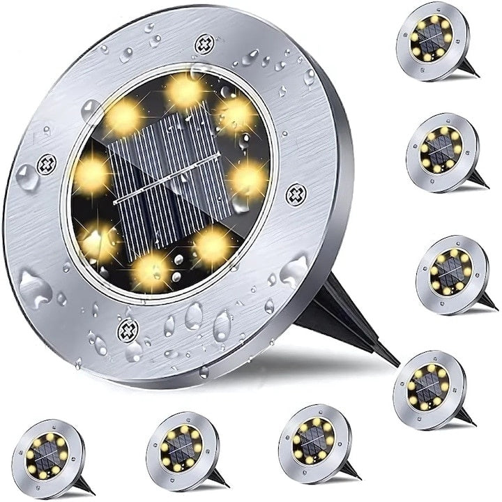 Set 8 lampi solare, tip spot, cu sistem de fixare tip tarus, rezistente la apa, carcasa metalica, cu 8 LED-uri, argintiu