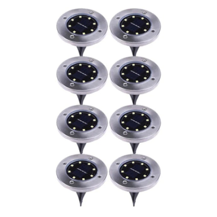 Set 8 lampi solare, tip spot, cu sistem de fixare tip tarus, rezistente la apa, carcasa metalica, cu 8 LED-uri, argintiu