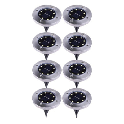 Set 8 lampi solare, tip spot, cu sistem de fixare tip tarus, rezistente la apa, carcasa metalica, cu 8 LED-uri, argintiu