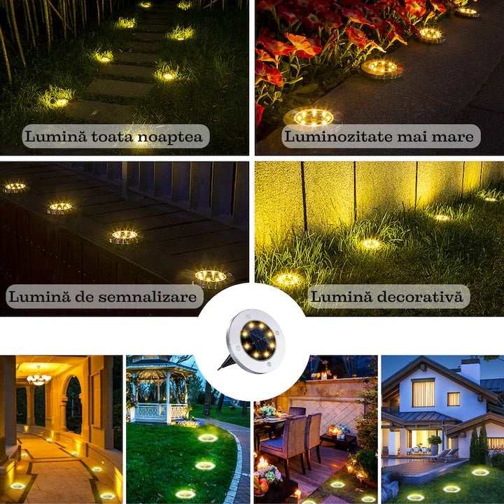 Set 8 lampi solare, tip spot, cu sistem de fixare tip tarus, rezistente la apa, carcasa metalica, cu 8 LED-uri, argintiu