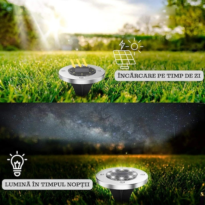Set 8 lampi solare, tip spot, cu sistem de fixare tip tarus, rezistente la apa, carcasa metalica, cu 8 LED-uri, argintiu
